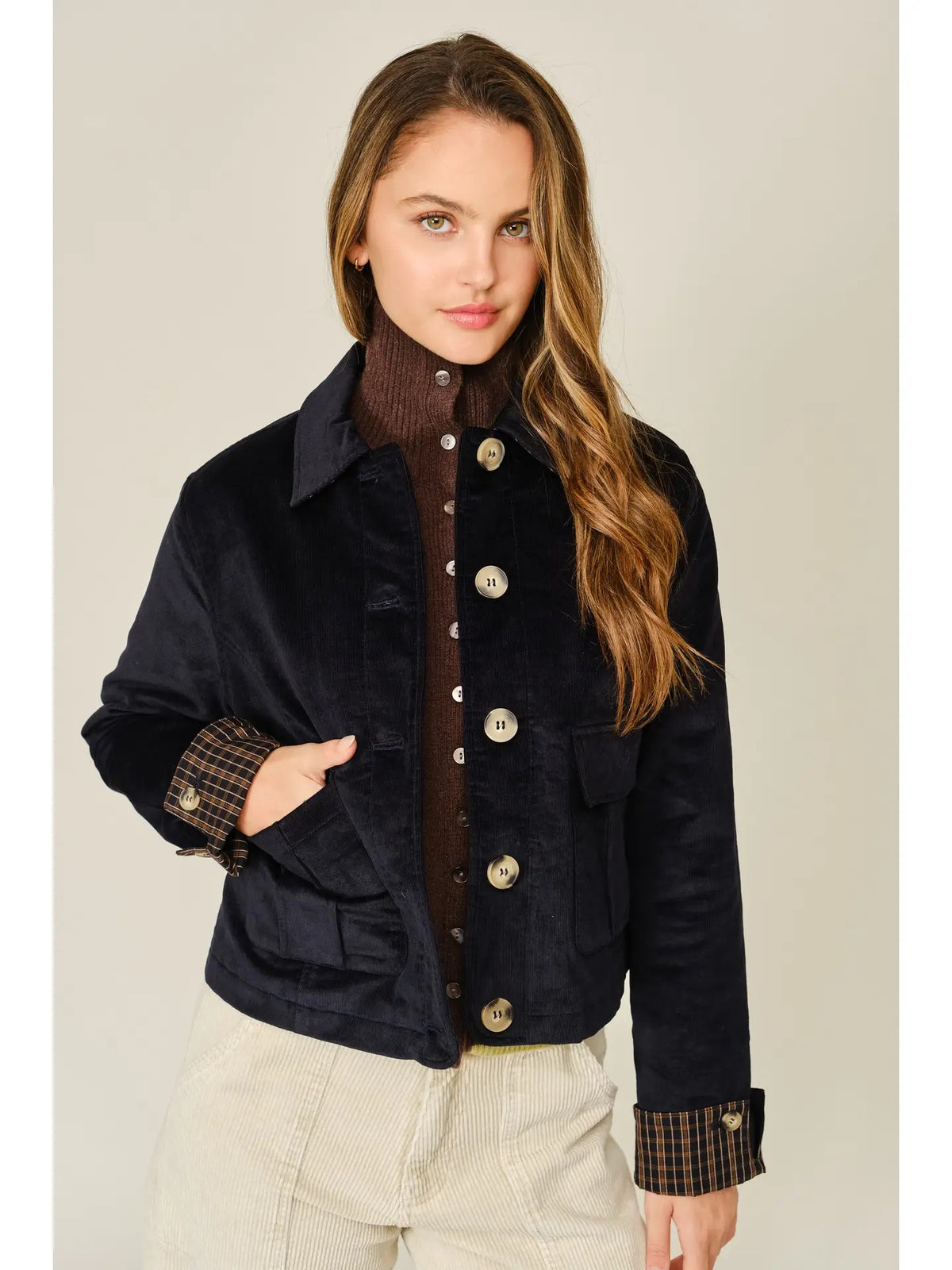 Cord Pocket Jacket with Plaid Cuffs midnight front