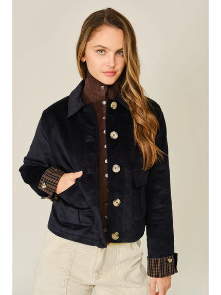 Cord Pocket Jacket with Plaid Cuffs midnight front