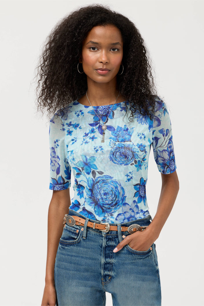 Elbow Sleeve Mesh Boatneck Top casablanca