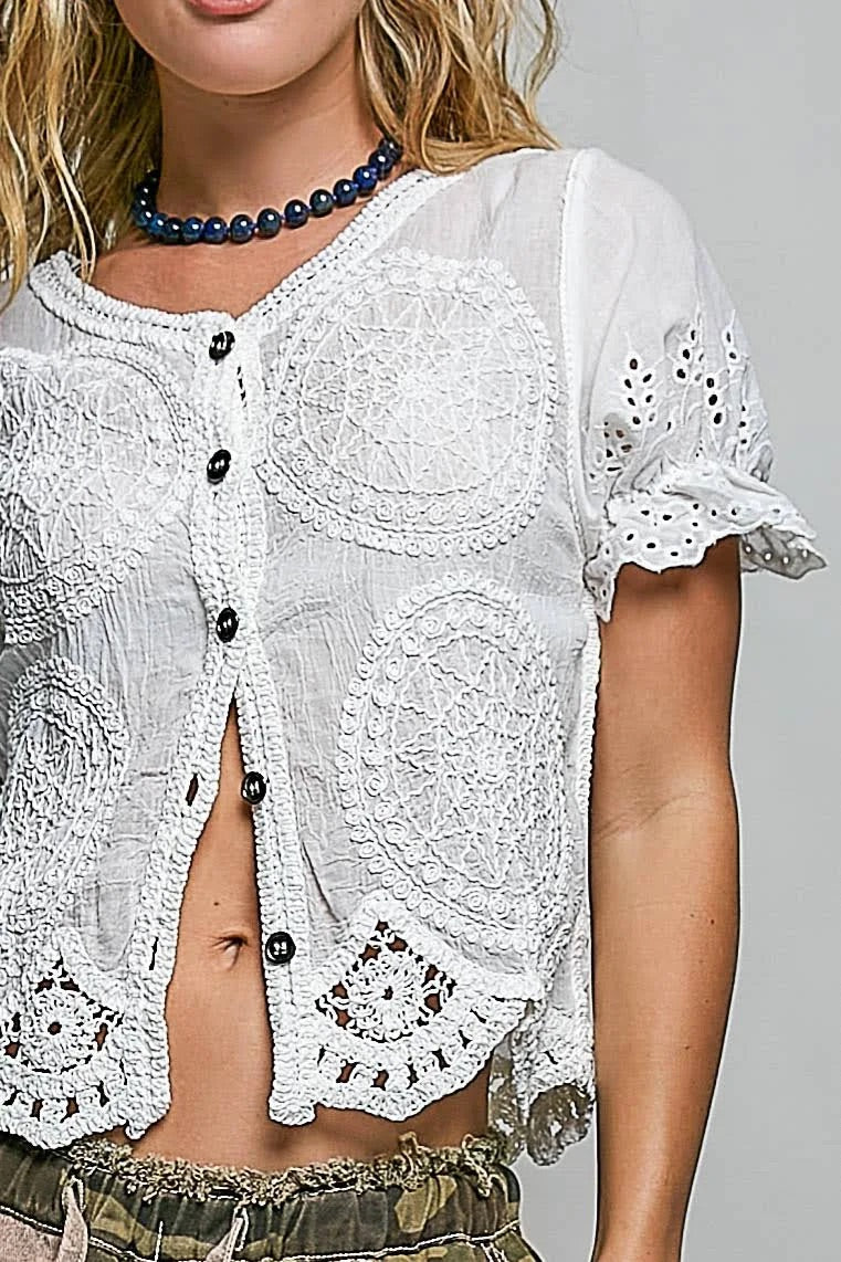 Round Neck Button Closure Crochet Top