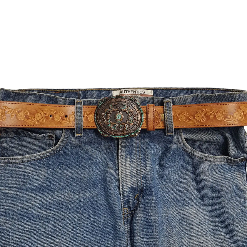 Western Brass/Patina Buckle with Vintage Floral Tooled Belt tan styled