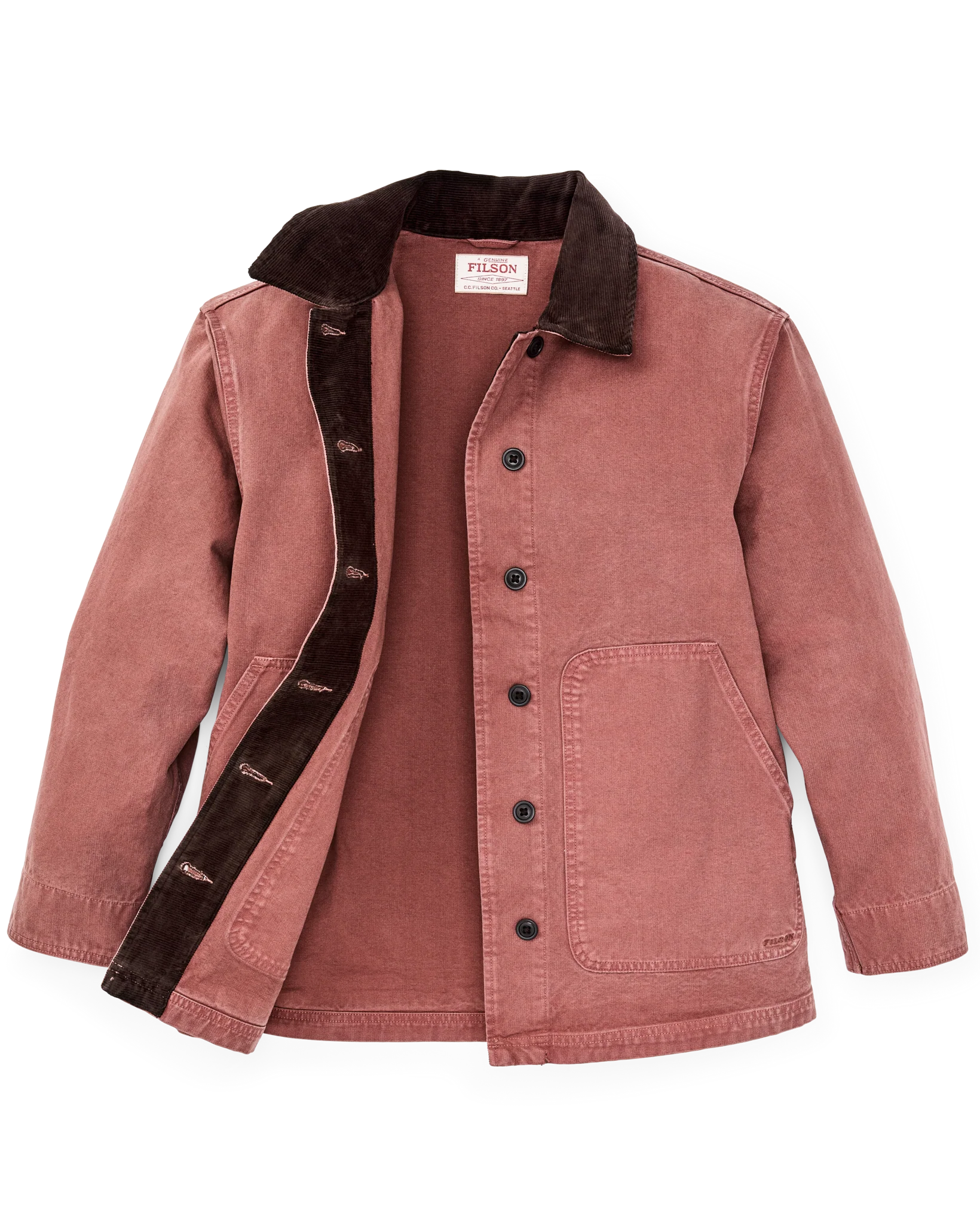 Filson Canvas Barn Coat, mahogany-front detail