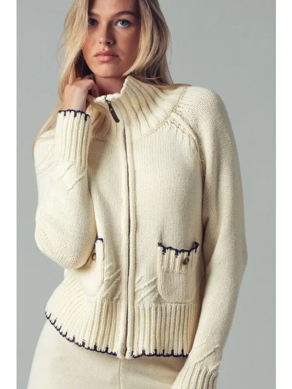 Zipper Front Knit Cardigan with Pocket Details cream front