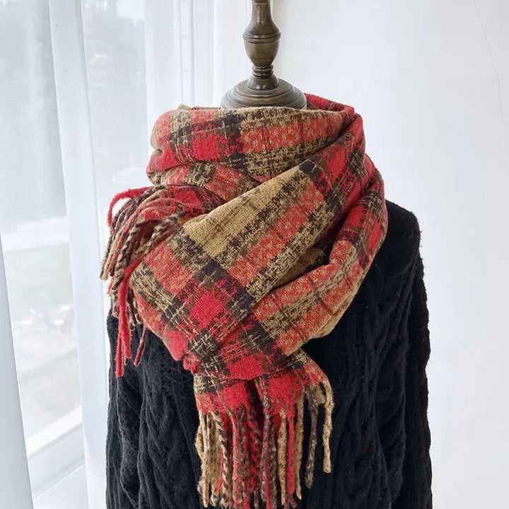 Plaid Warm Tassel Scarf red