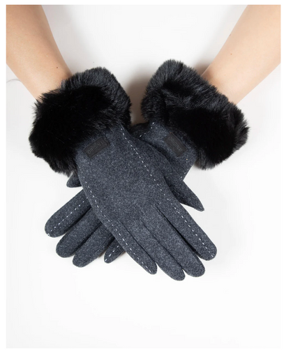 Pastel Tone Gloves w/Faux Fur Cuff Outline Stitch Detail black