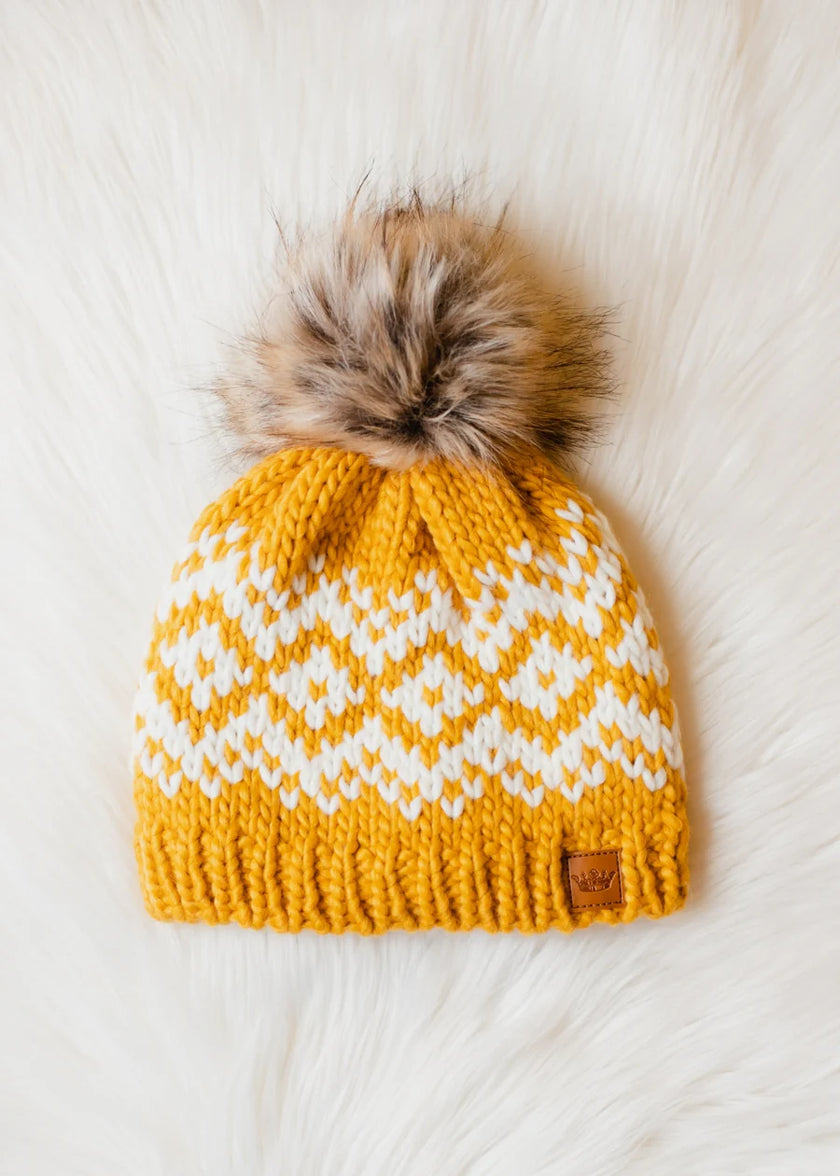 Mustard & White Patterned Pom Hat