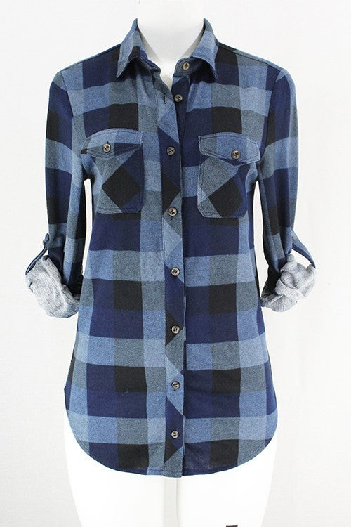 Yenisa Rolled Sleeve Flannel Plaid Shirt - Blue/Black