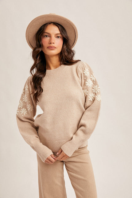 Floral Embroidery Bubble Sleeve Sweater taupe front