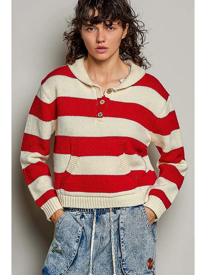 Cream Multi Red 1/4 Button Sweater Cardigan One Size