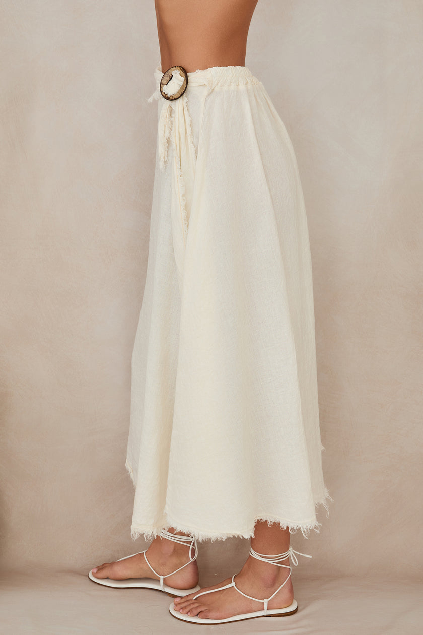 FRINGE RING TIE DETAIL FRONT  LINEN SKIRT,butter-side