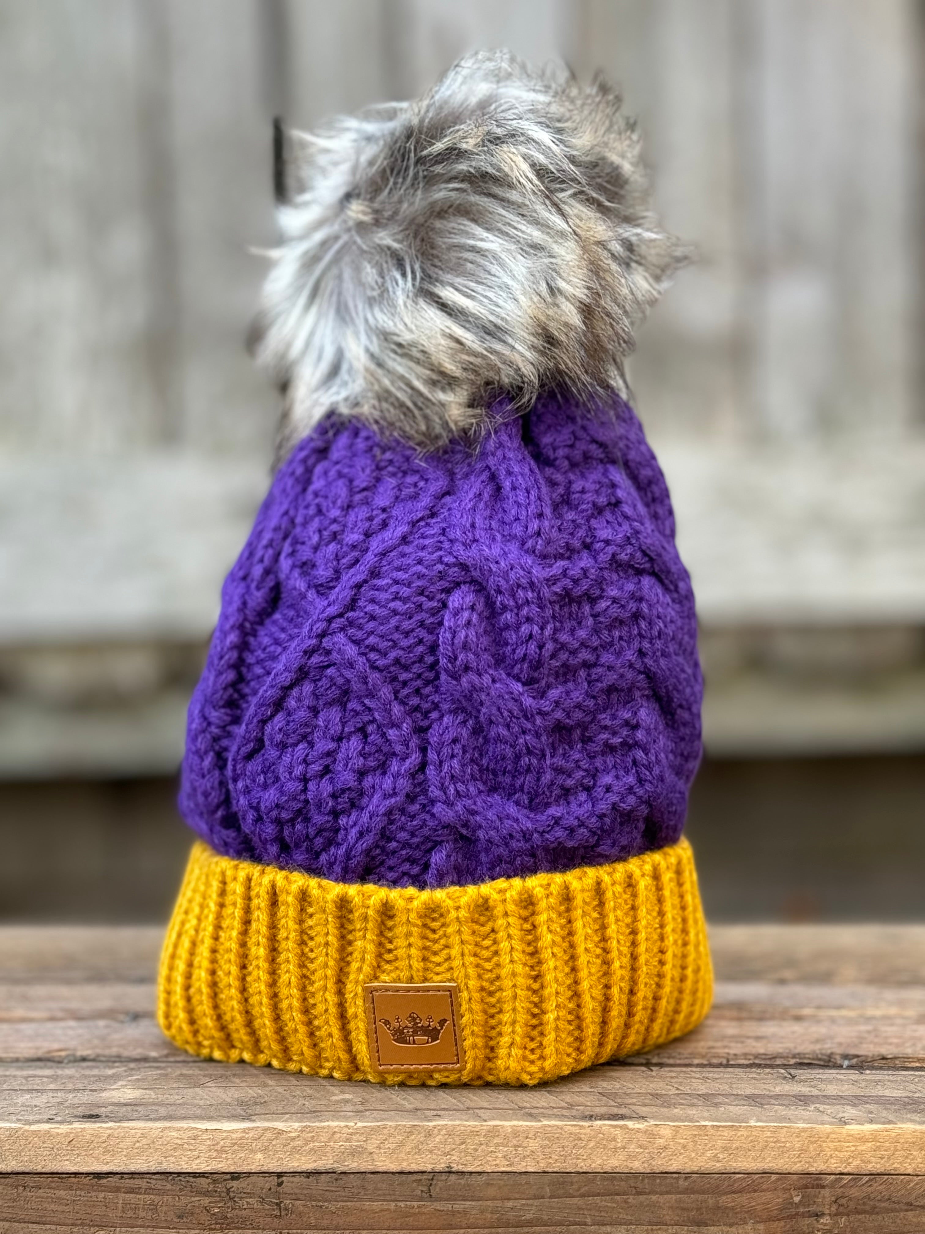 Purple & Gold Trim Cable Knit Pom Hat