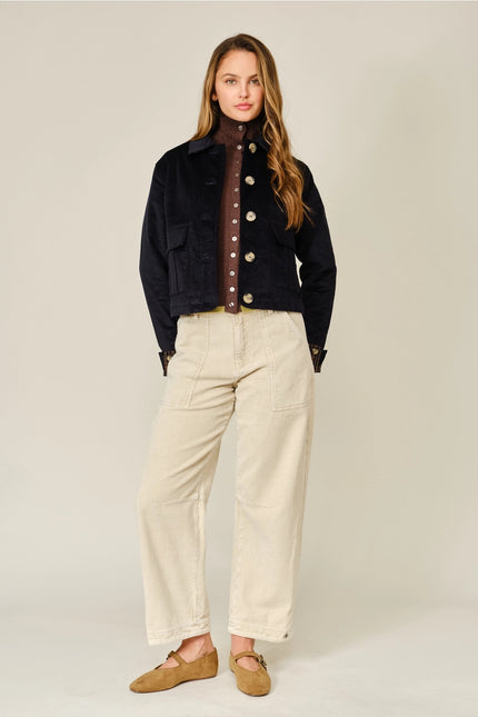 Cord Pocket Jacket with Plaid Cuffs midnight front full outfit