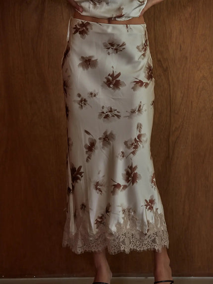 Woven Satin Polyester Floral Print Midi Skirt, cream/brown-front