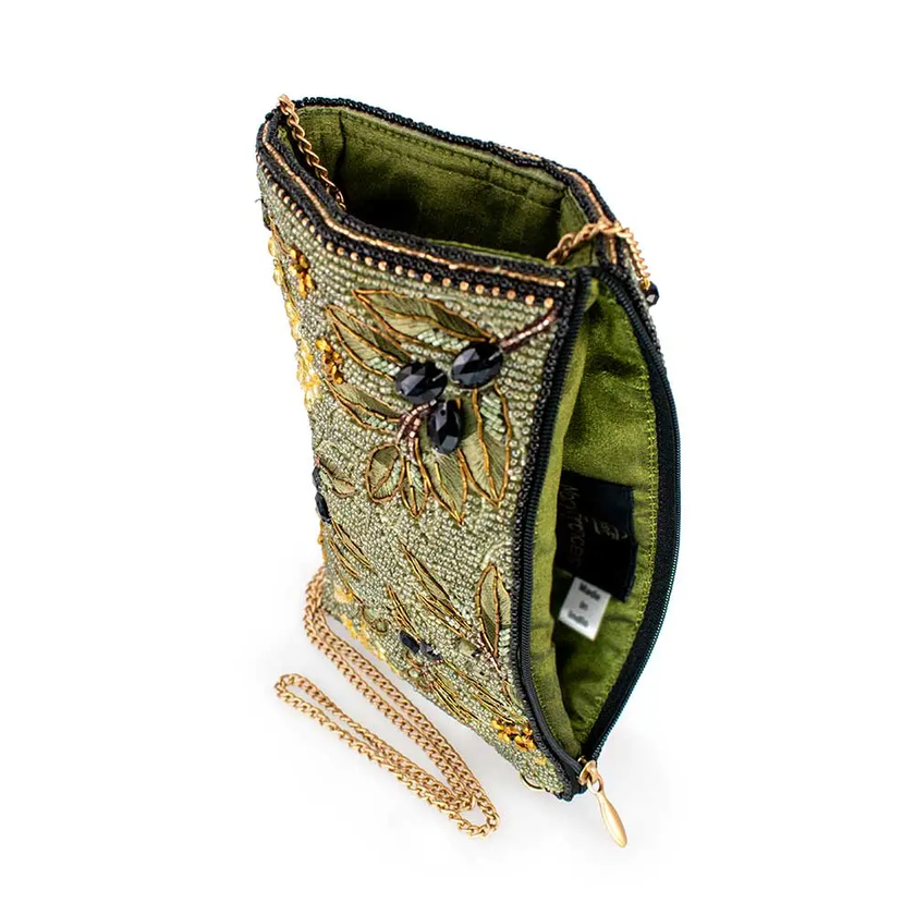 Olive Branch Beaded and Embroidered Crossbody Phone Bag front/top/side open