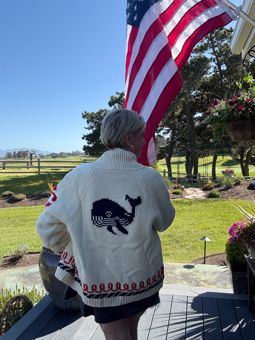 Varsity Chunky Whale Anchor Cardigan Ivory Base back