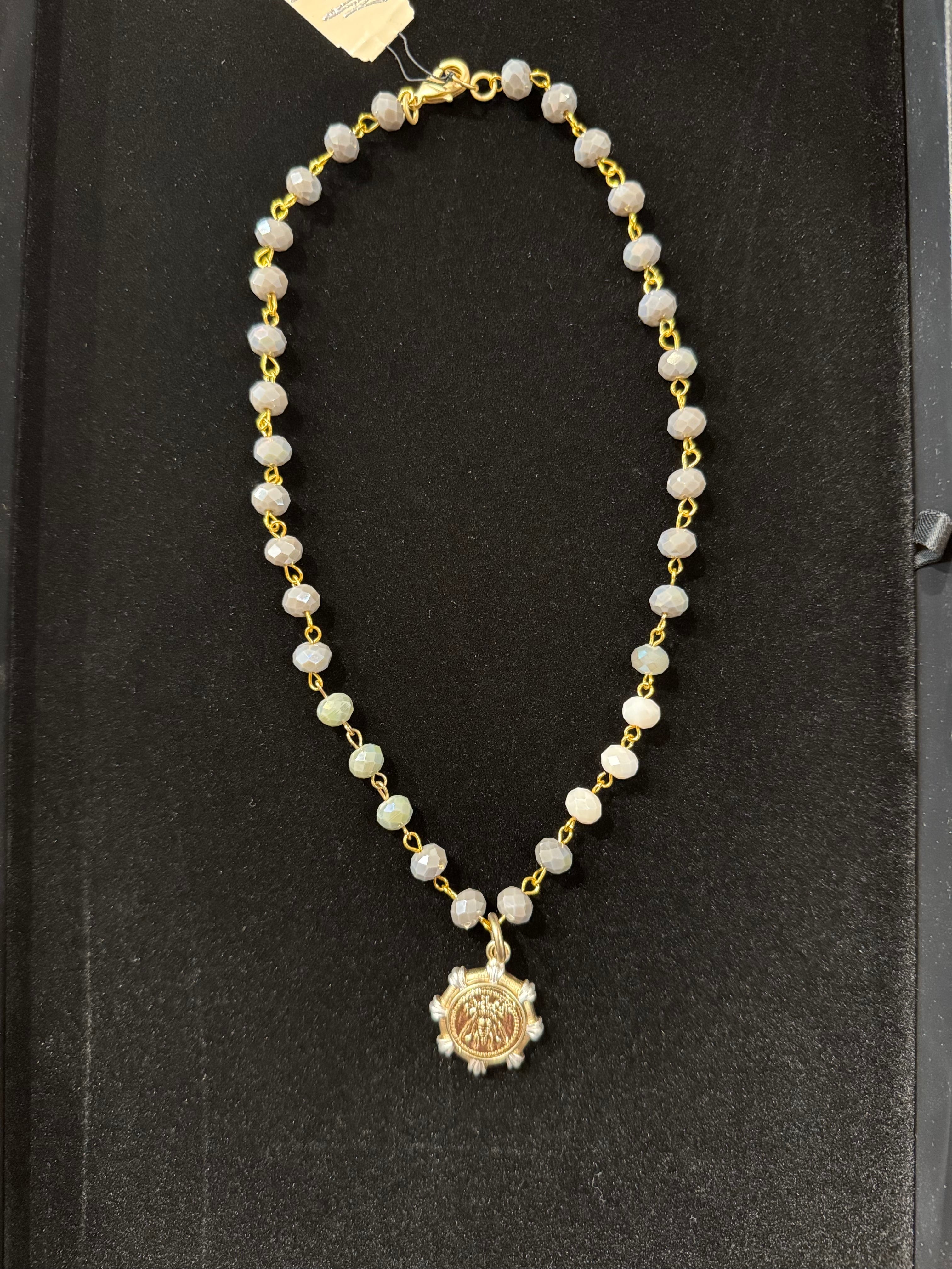 Grey & Cream Beaded Necklace with Bee Pendant nw 24 72
