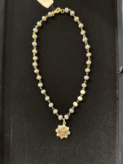 Grey & Cream Beaded Necklace with Bee Pendant nw 24 72