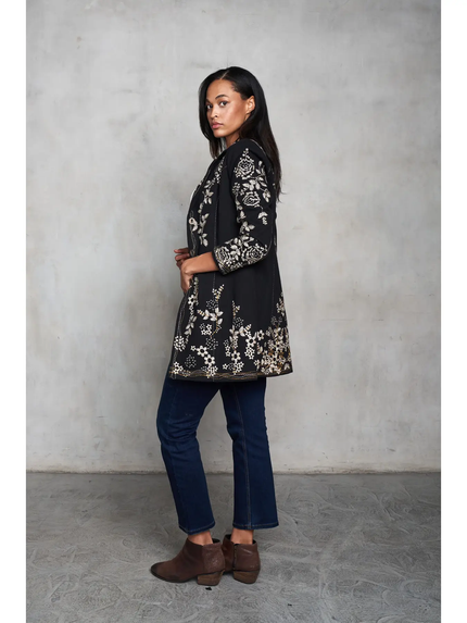 HEAVY TWILL COAT W/ SCROLL FLORAL EMB