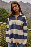 Knit Striped Turtleneck Half Zip Up Top