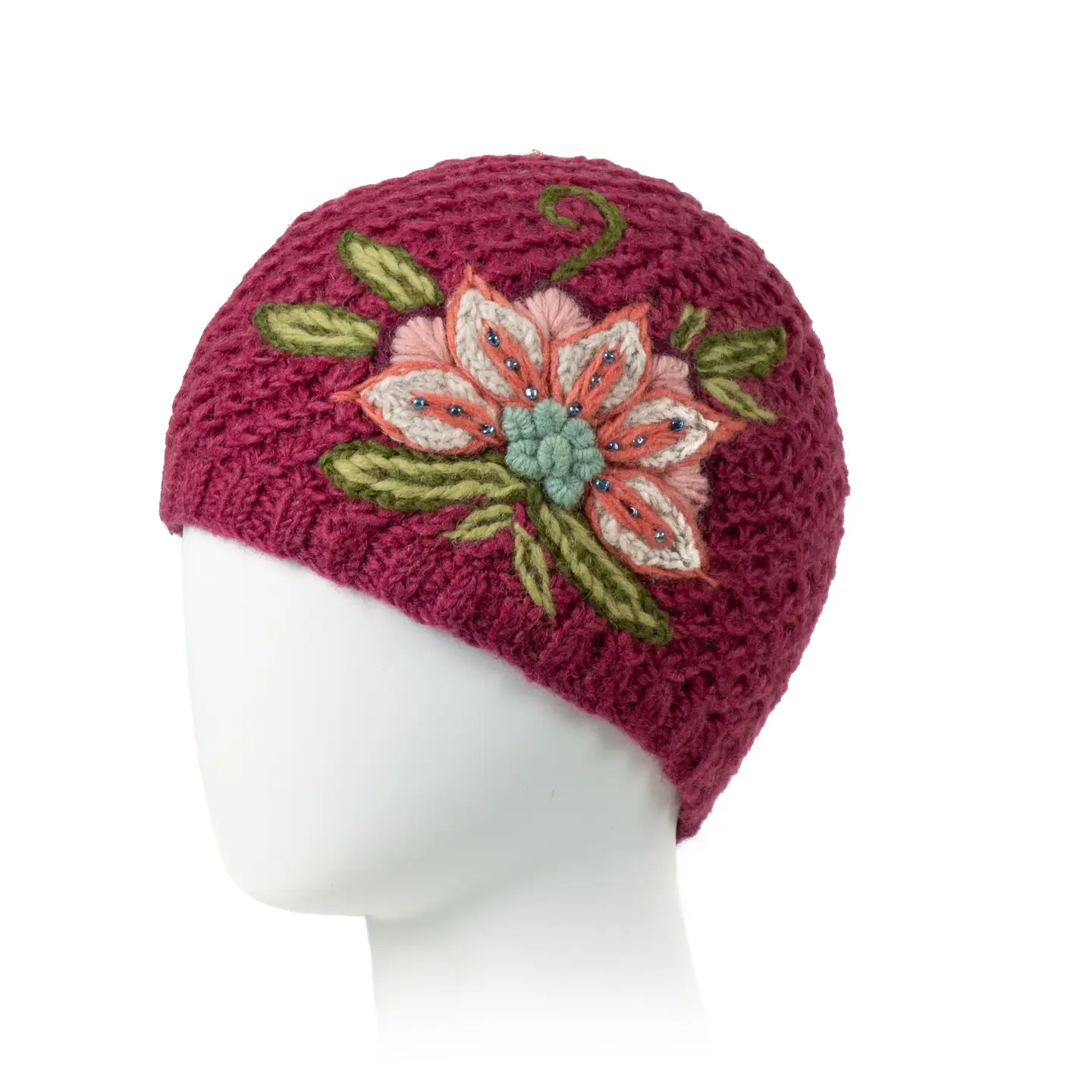 Naomi Wool Hand Knit Beanie Hat with Embroidery Fuchsia