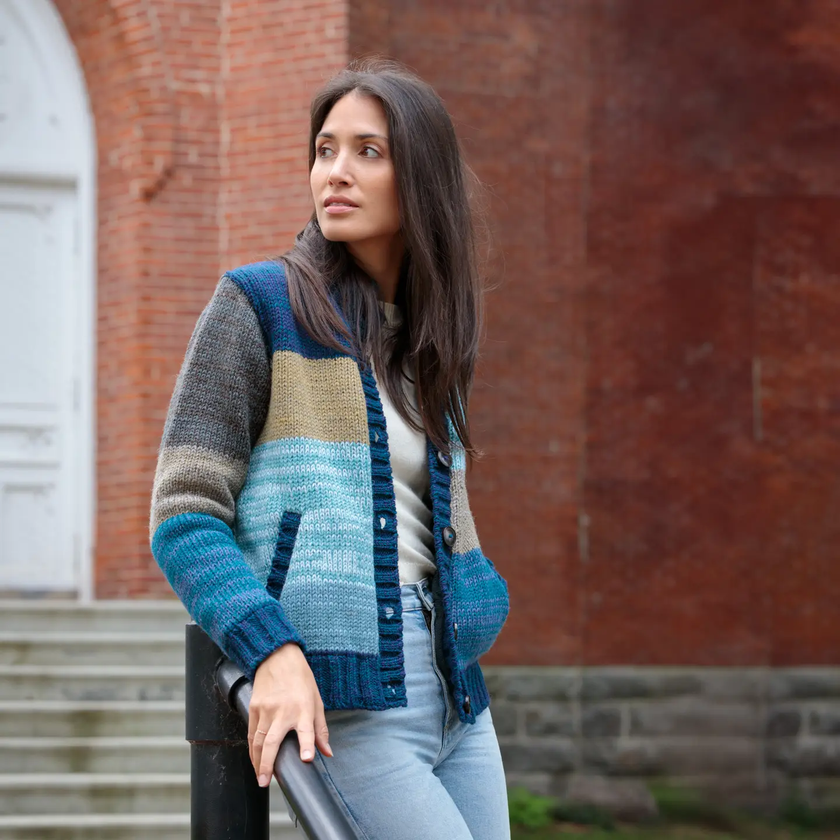 Lorelei Wool Sweater Knit Patchwork Cardigan styled blue