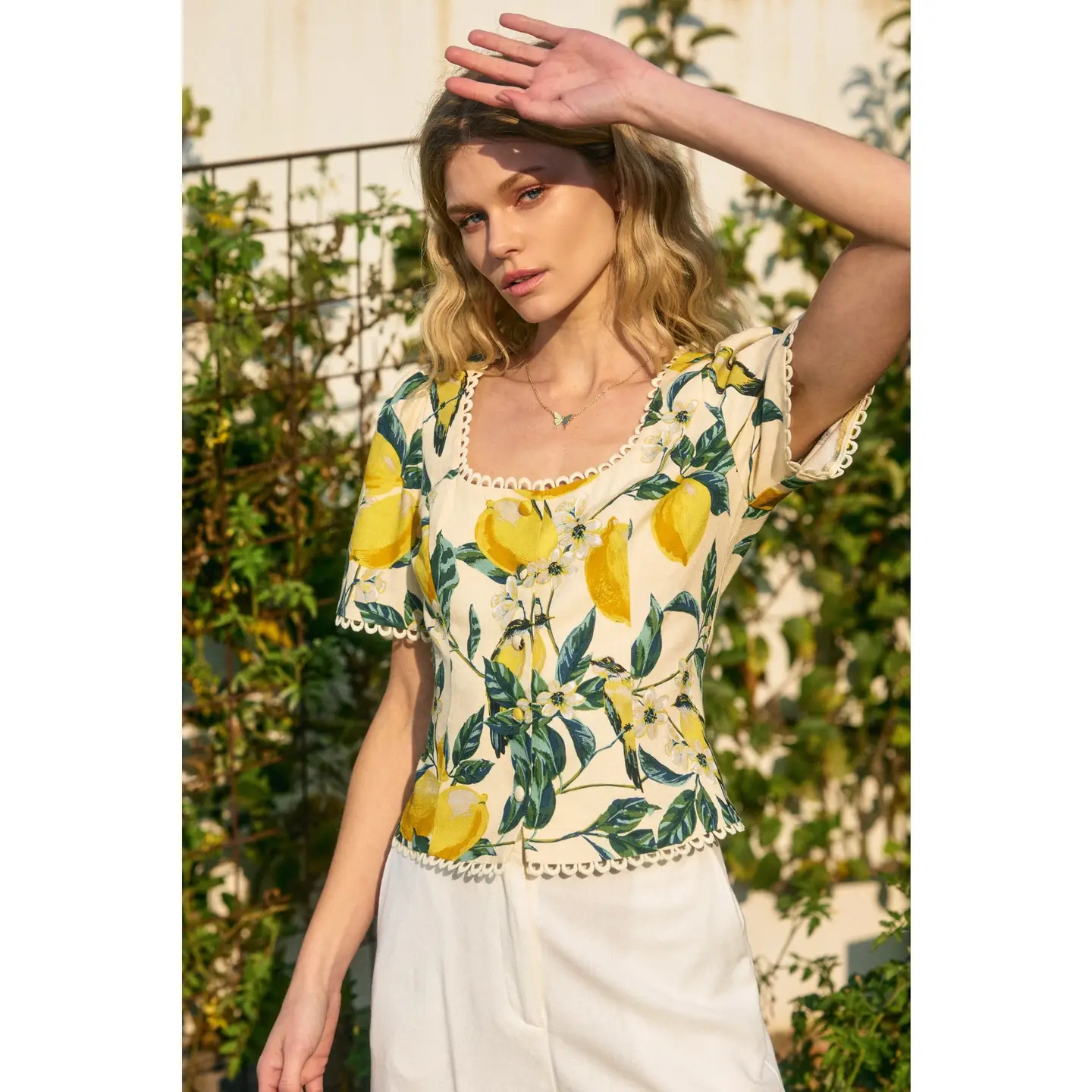 Vintage Lemonade Tulip Lace Trim Button Down Top front