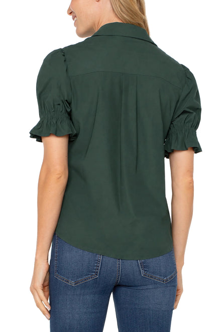 Calla Puff Sleeve Button Blouse, dark spruce-back