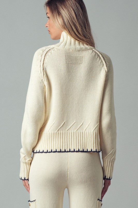Zipper Front Knit Cardigan with Pocket Details cream back