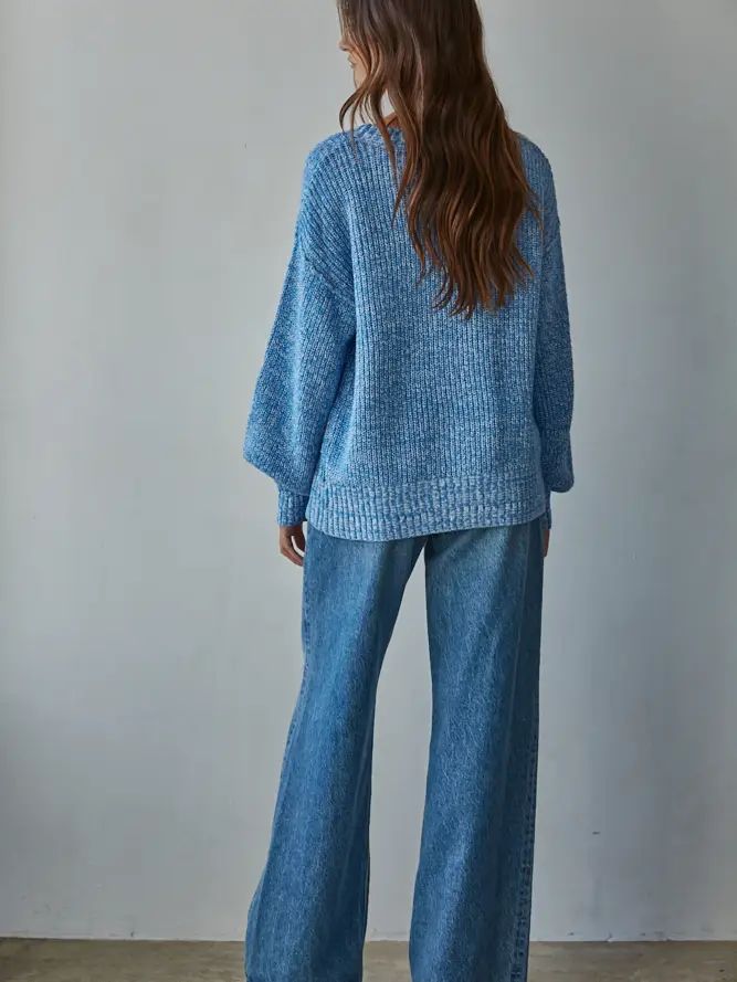 Knit Sweater Cotton Ribbed High Mock Neck Top blue back