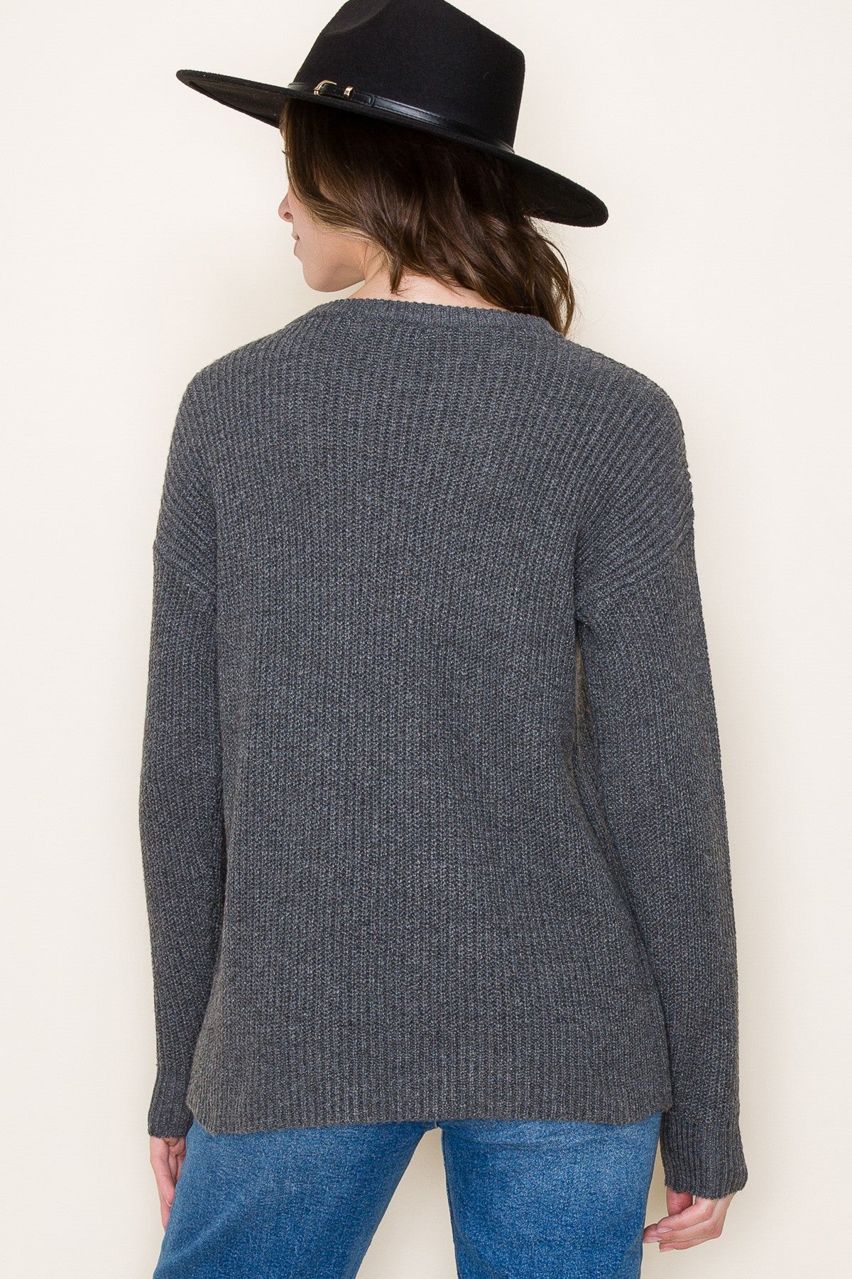 Marry Basic Marled Pullover Sweater | Charcoal back