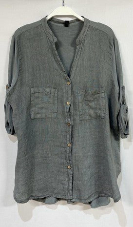 Maggy Button Down Linen Roll Up Sleeve Blouse  | Charcoal grey