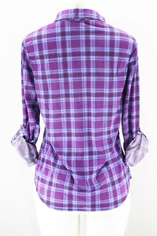 Yenisa Rolled Sleeve Flannel Plaid Shirt | Purple back