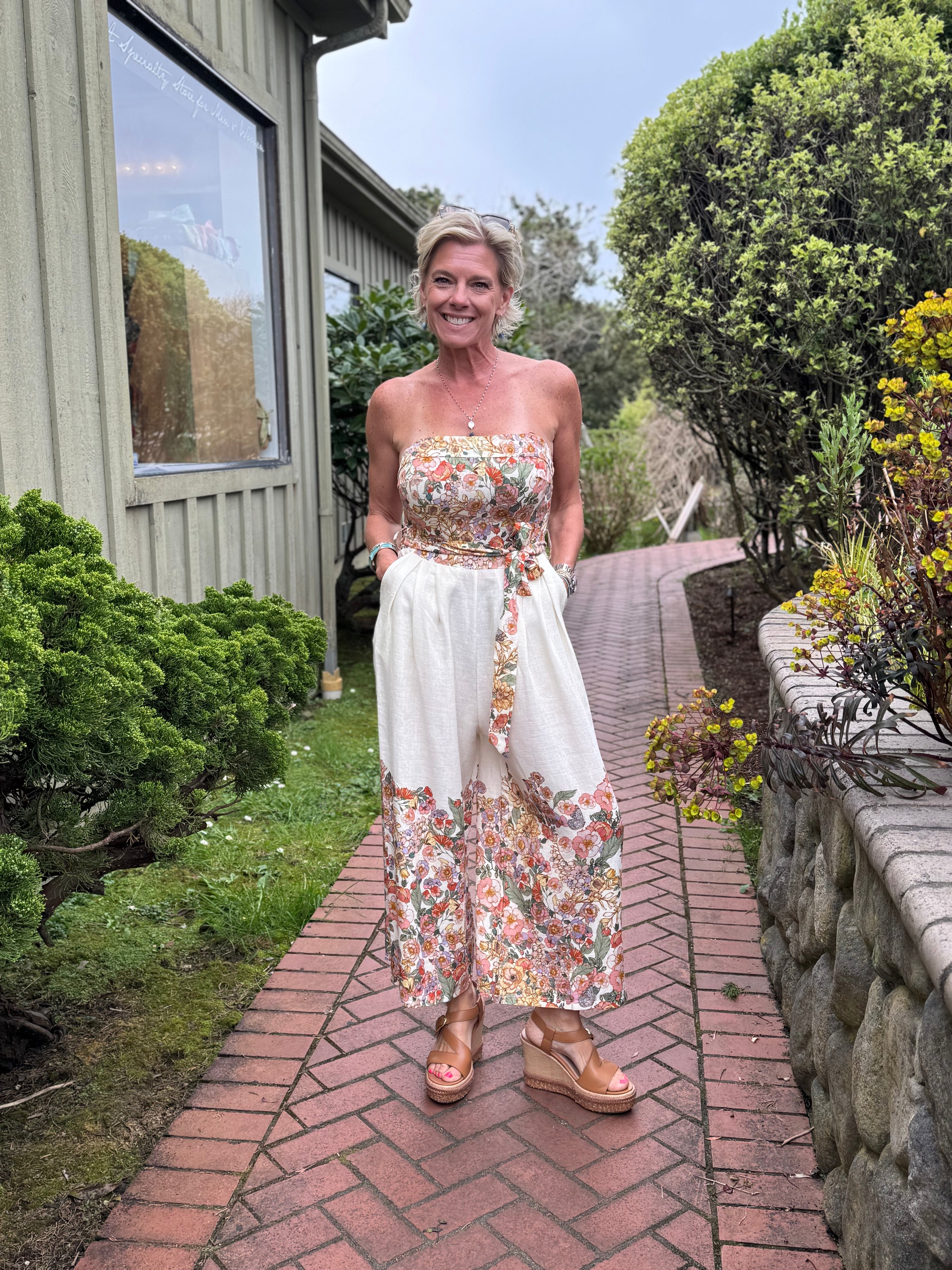 Bella Botanical Belted Jumpsuit, cream-front