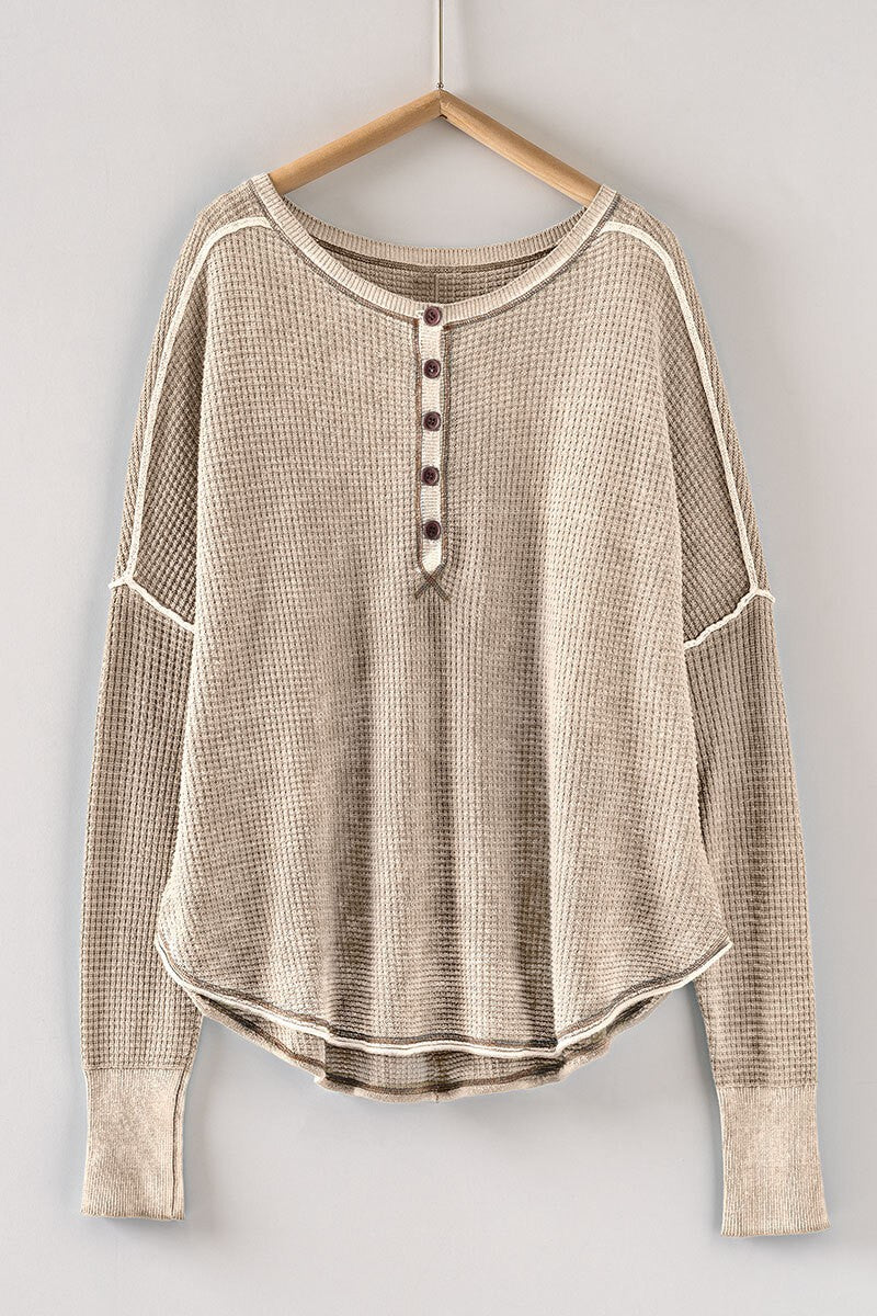Mya Button Up Thermal Contrast Trim Waffle Top | Taupe hanging