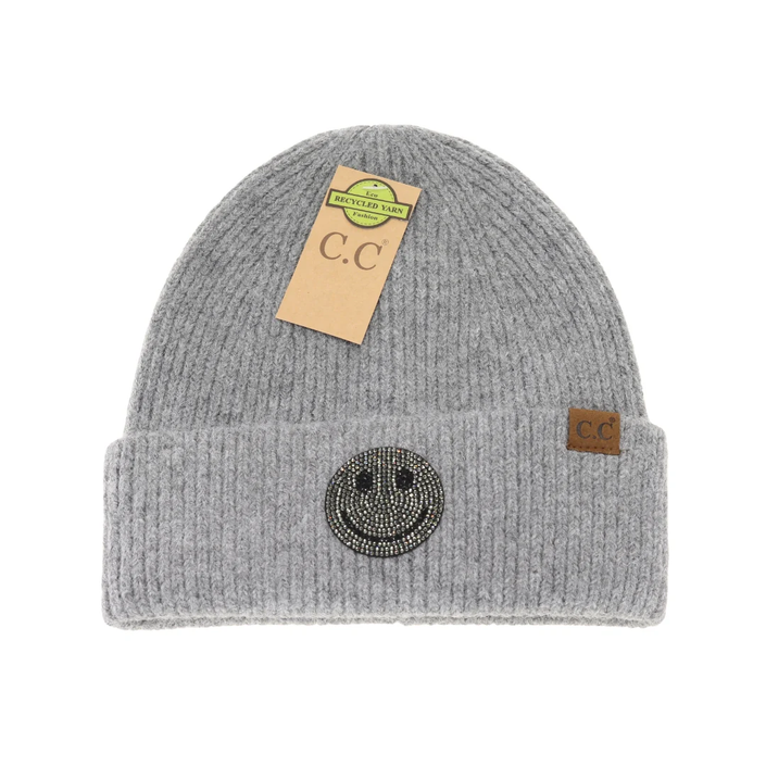 Smiley Face Rhinestone Beanie, light grey-front