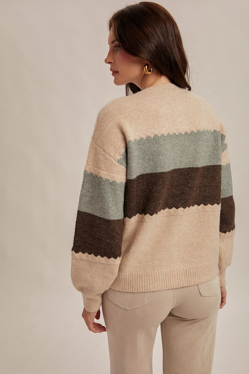 Color Block Rosette Detailed Sweater oatmeal/smoke blue back