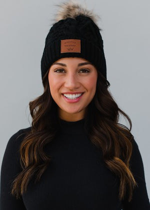 Black Cable Knit Pom Hat W Coffee Weather Patch