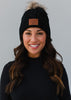 Black Cable Knit Pom Hat W Coffee Weather Patch
