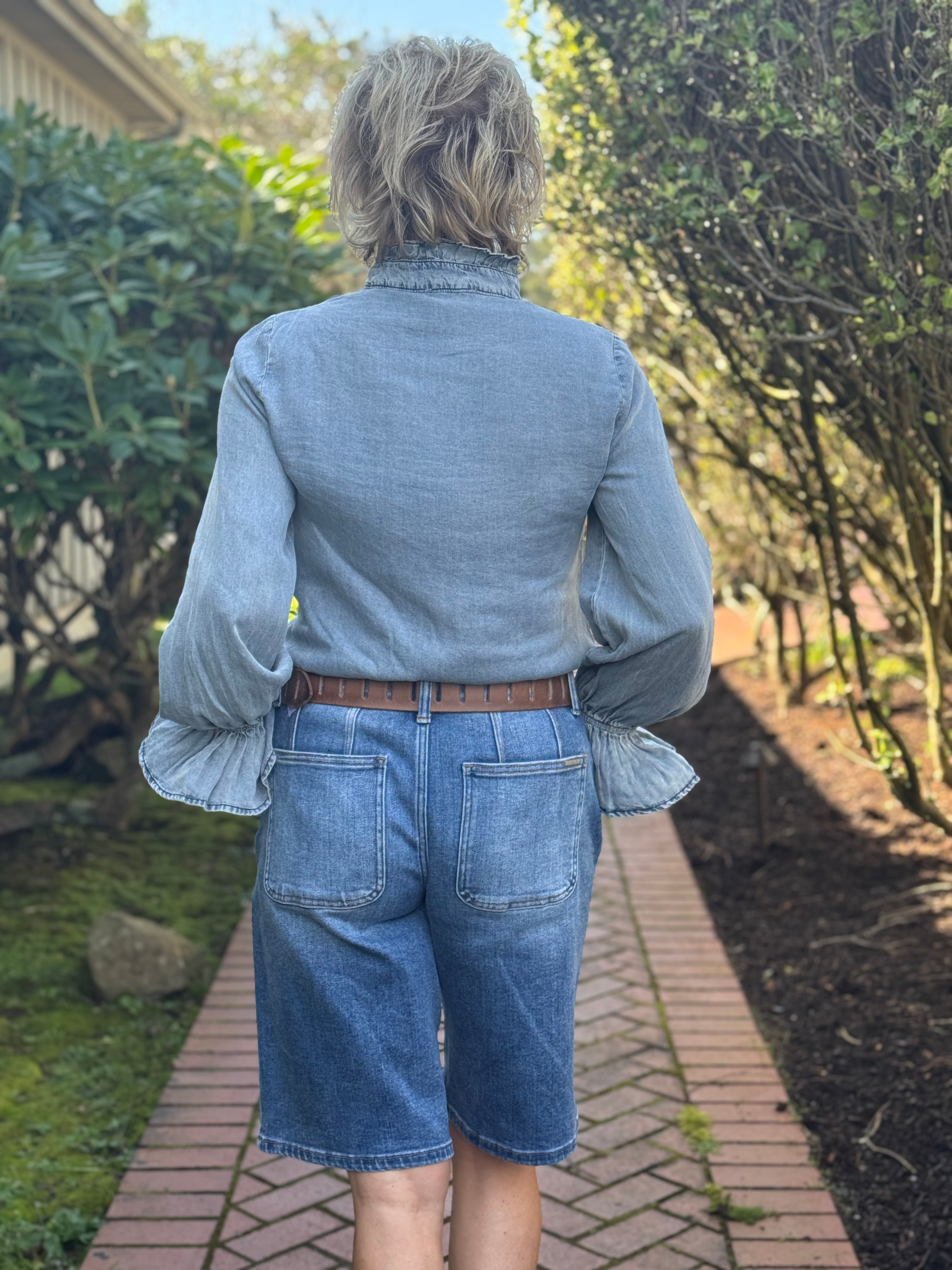 Amanda Denim Ruffled Button Down Top denim back