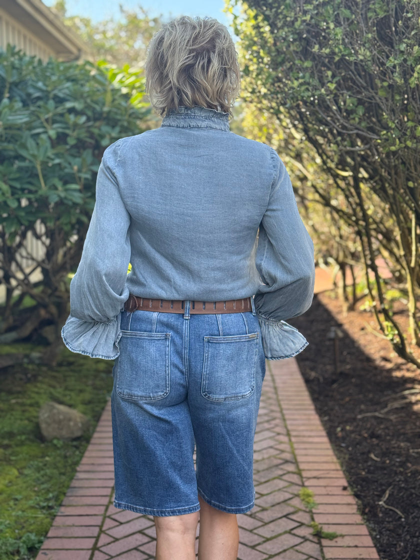 Amanda Denim Ruffled Button Down Top denim back