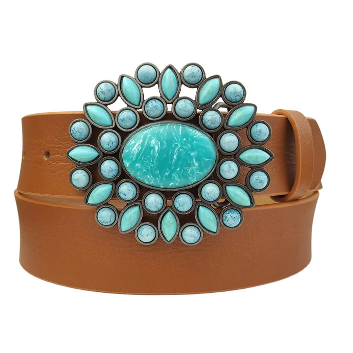 Genuine Leather Belt W. Western-Inspire Turq Buckle tan