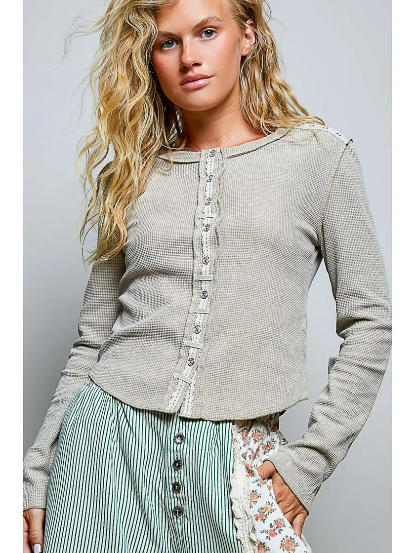 Vintage Solid Metal Button Down Thermal Top