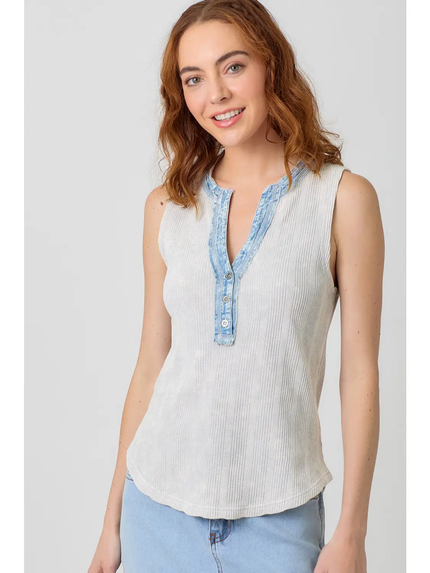 Alex Washed Sleeveless Henley Top Light Grey