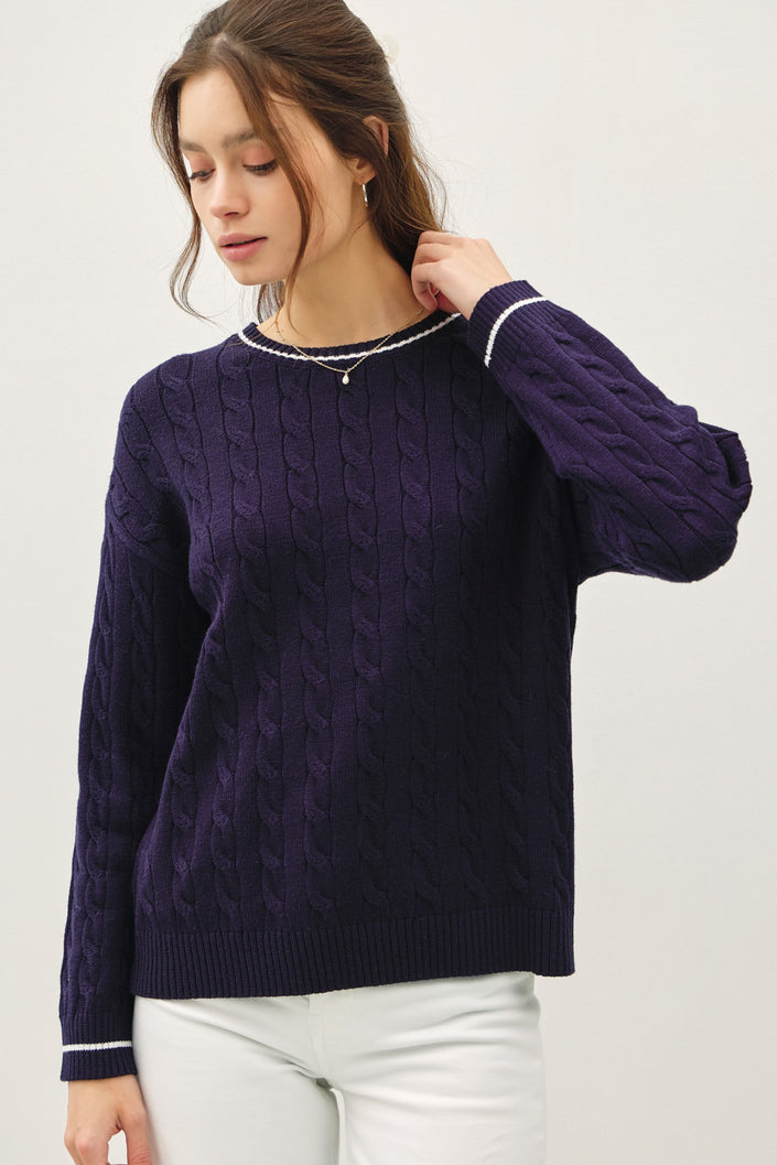 CHUNKY CABLE KNIT SWEATER WITH ACCENT DETAIL navy. front