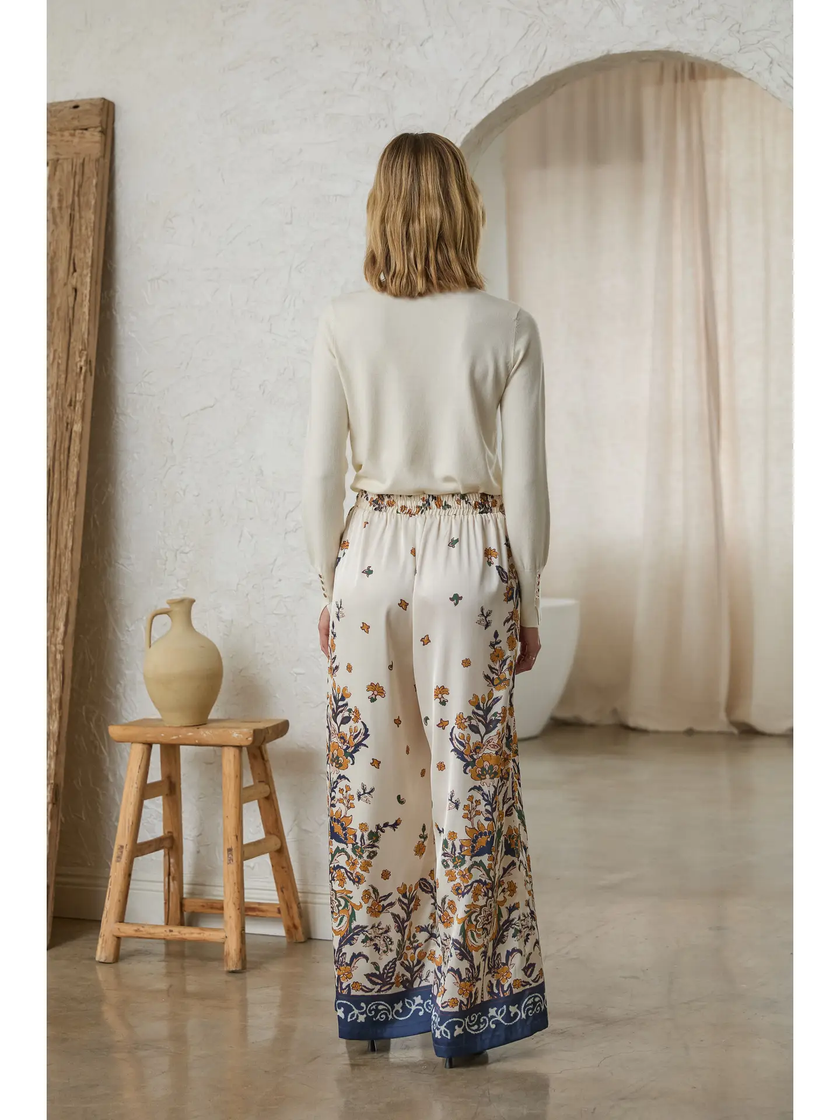 Border Print Satin Pants, ivory/navy-back