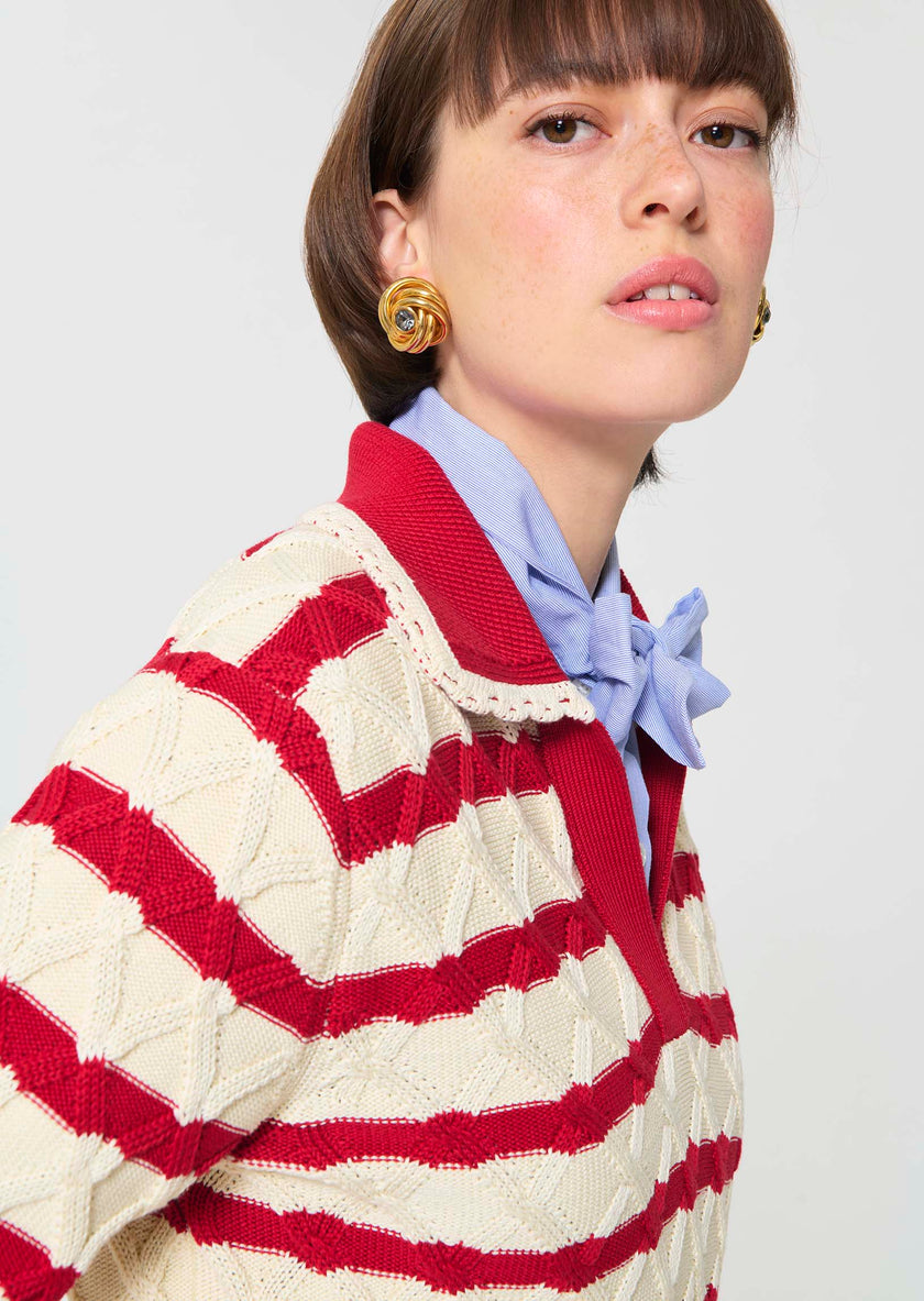 Paolina sweater red striped cotton, cherry red stripe-detail
