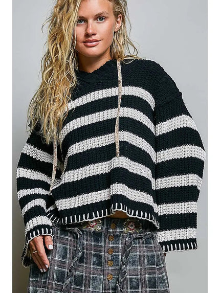 Melanie Oversized Striped Knit Sweater, black/ivory-front