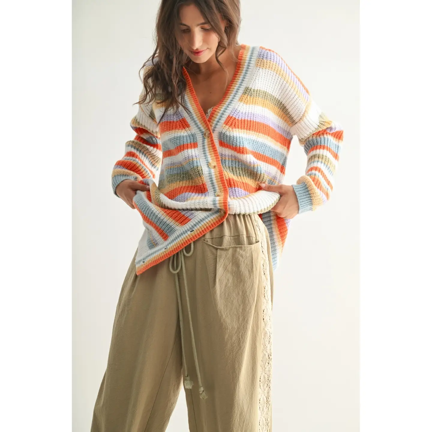 Multicolor Striped Button Up Knit Cardi, multi, Front