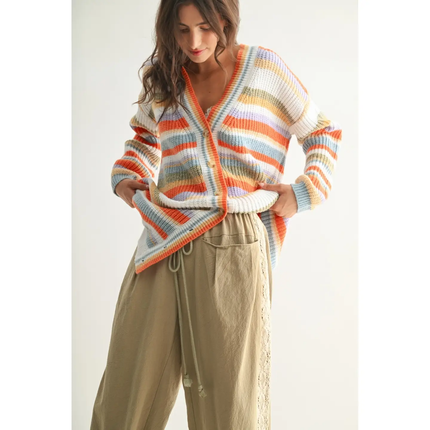 Multicolor Striped Button Up Knit Cardi, multi, Front