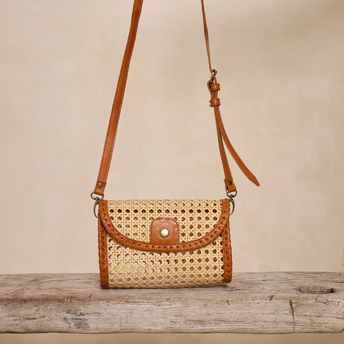 Brown Rattan Clutch with Leather Trim and Crossbody Strap-front